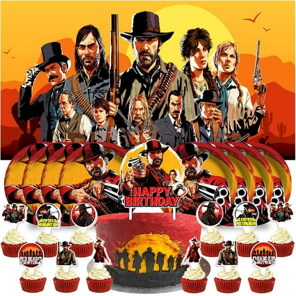 Red Dead Redemption Birthday Paper Plates Supplies Decorations Decor Backdrop Banner Cake Topper Background