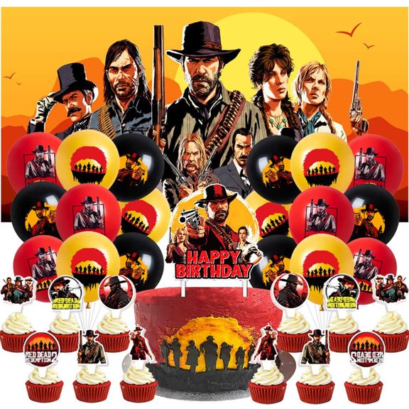 Red Dead Redemption Party Decorations Set Kit Balloons Birthday Decor Cake Topper Fans Banner Backdrop