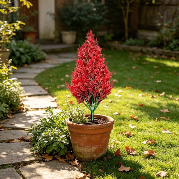 Red Decorative Artificial Shrub with Ground Spike for Outdoor Garden and Cemetery - Perfect for Christmas Yard Decor, Landscaping, and Fall/Winter Arrangements - Durable and Fade-Resistant Faux Tree