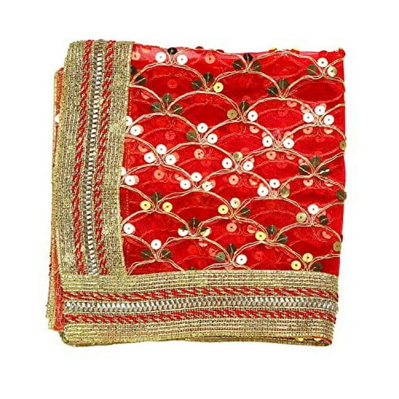 Red Decorative Cloth Pooja Asaan Mat Backdrop Large Netted Chunari (Size :- 18 Inches x 36 Inches) Puja Festival Decoration for Statue Chowki Aasan Mat Posters Frame A