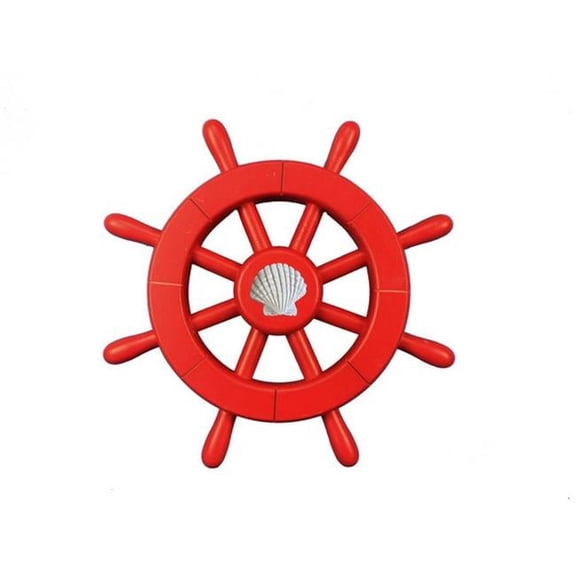 Red Decorative Ship Wheel with Seashell- 12 in.