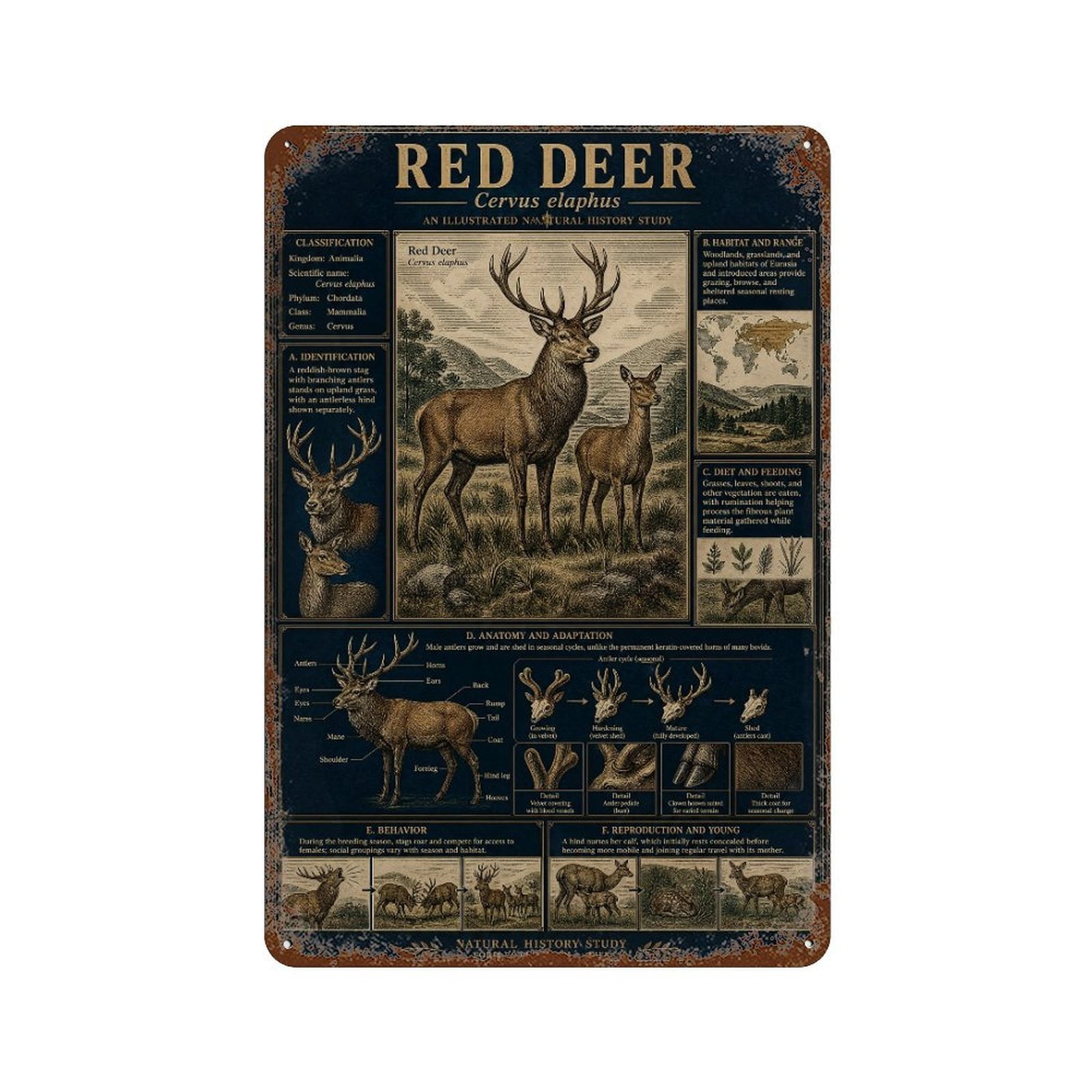 Red Deer Poster Antique Natural History Study Scientific Wall Art_001 ...