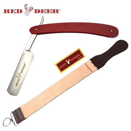 Red Deer Professional Classic Straight Edge Barber Razor and Leather Strop 2 Piece Reusable Red