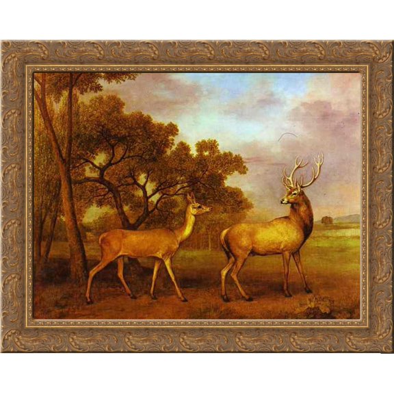 Red Deer Stag and Hind 24x20 Gold Ornate Wood Framed Canvas Art by George Stubbs