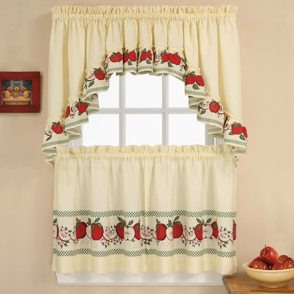 Red Delicious Country Apples 3-Piece Window Curtain Tier Set, Ivory, 56-Inch X 24-Inch, Multi Color