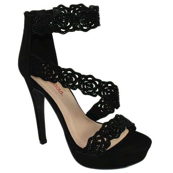 Red Delicious Shoes Women Ankle Strap Back Zipper Stiletto High Heel Open Peep Toe Hidden Platform Dress Sandal Bling Rhinestone YODELS-S Black Nubuck Suede 5.5