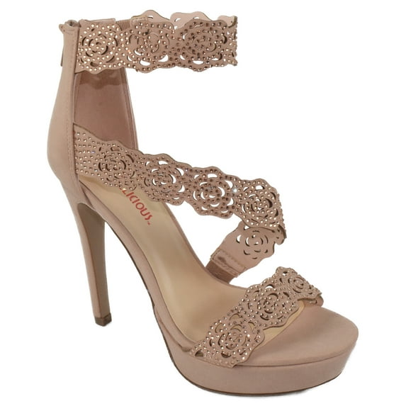 Red Delicious Shoes Women Ankle Strap Back Zipper Stiletto High Heel Open Peep Toe Hidden Platform Dress Sandal Bling Rhinestone YODELS-S Pink Mauve Suede 9