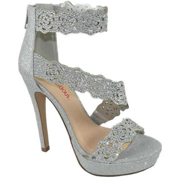 Red Delicious Shoes Women Ankle Strap Back Zipper Stiletto High Heel Open Peep Toe Hidden Platform Dress Sandal Bling Rhinestone YODELS-S Silver Shimmer 8