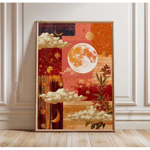 Red Desert Moon Poster, Celestial Collage Art Print, Vintage Sky ...