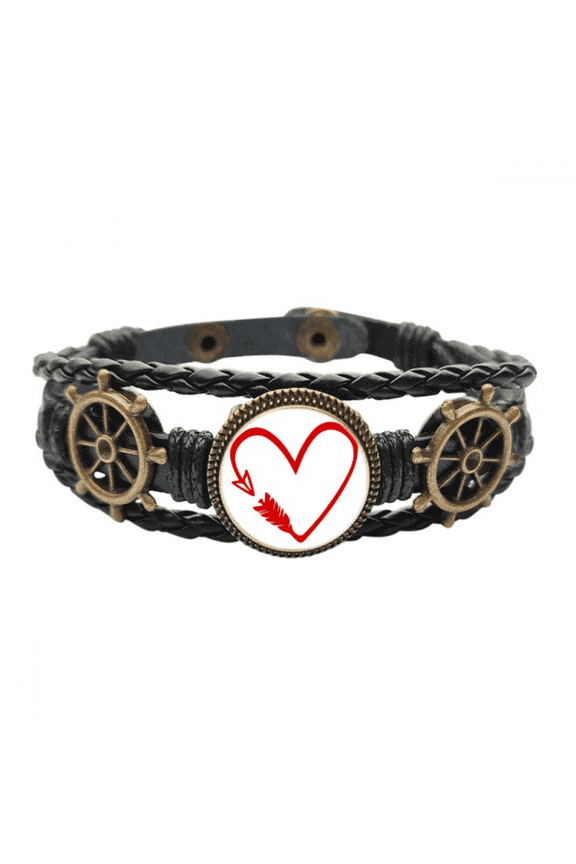 Red Design Arrow Heart Illustration Leather Braided Ocean Bracelet Wristband