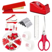 Red Desk Accessories 9 Pcs, Stapler, Staple Remover, Staples, Tape Dispenser, Tape, Clips Set, Scissor, Ruler, Red Office Supplies