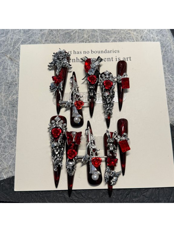 "Red Devil" Diablo Gothic Rose Heavy Industry Blood Sacrifice European and American Detachable Handmade Nail Art Wear Nail