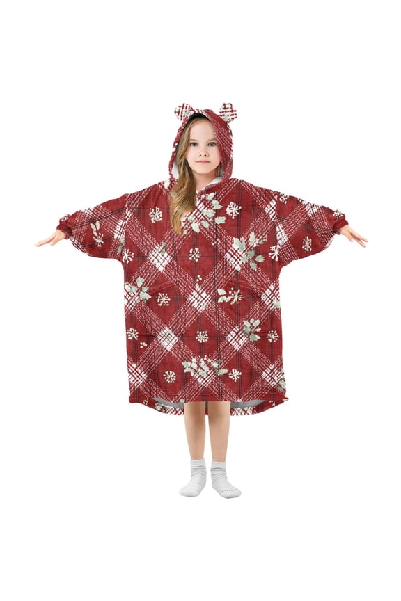 Red Diagonal Christmas Leaves Snow Flannel Wearable Blankets Hooded Design Long Sleeves Wrap Unisex for 3T-14Y S