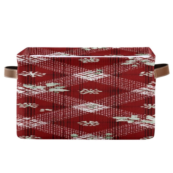 Red Diagonal Christmas Leaves Snow Square Storage Bins with Handles Collapsible Containing Box 1 Pack