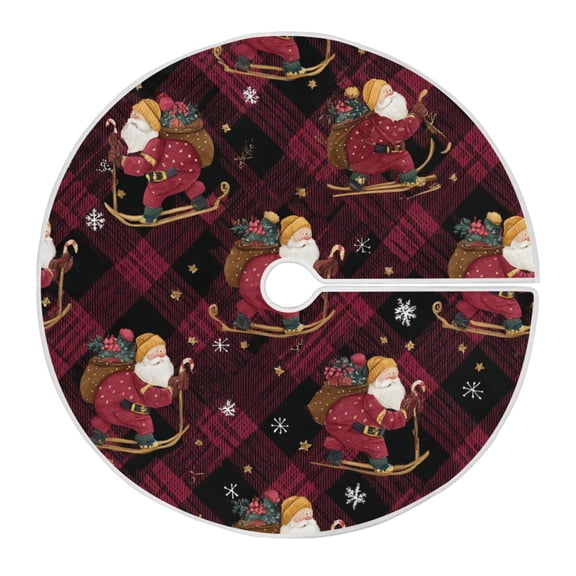 Red Diagonal Plaids Christmas Santa on Sleigh Christmas Tree Skirt Opening Design Floor Mat Holiday Decor 35 inch
