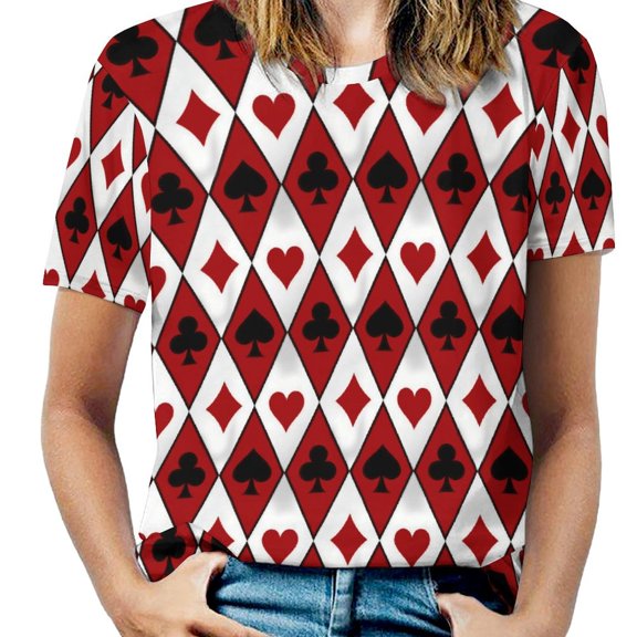 Red Diamond Club Heart Pattern Women's Short Sleeve Tops Casual Blouses T Shirt