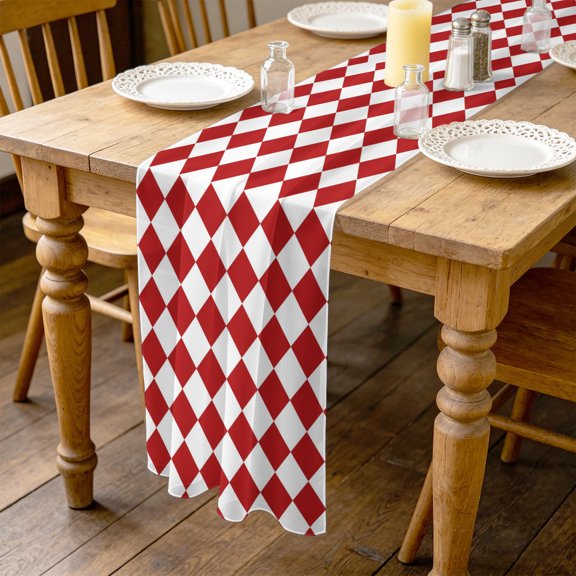 Red Diamond Plaid 4.5ft Cheesecloth Table Runner for Wedding 19"x55", White Geometric Check Abstract Modern Kitchen Dinner Sheer Tulle Chiffon Dresser Scarf, Holiday Party Decorations