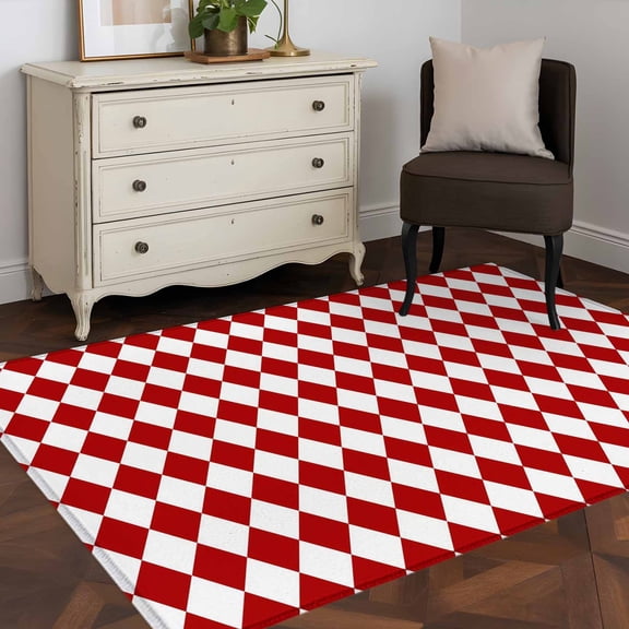 Red Diamond Plaid 4x6 Rug for Dining Table for 4 People Under Table, White Geometric Check Abstract Modern ashable Non Slip Rectangle Area Rug