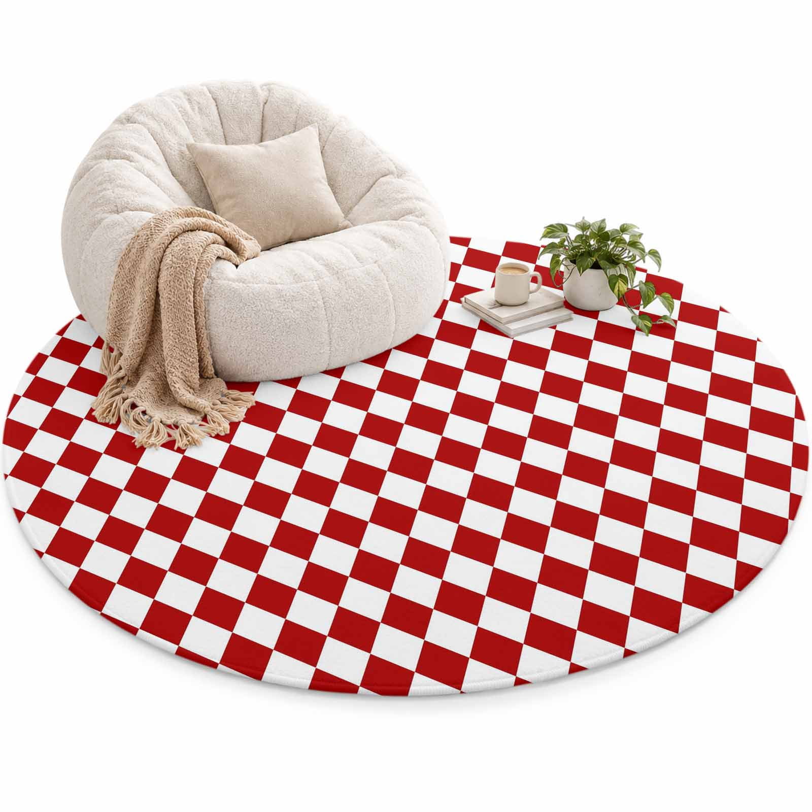 Red Diamond Plaid Area Rug 3', White Geometric Check Abstract Modern ...