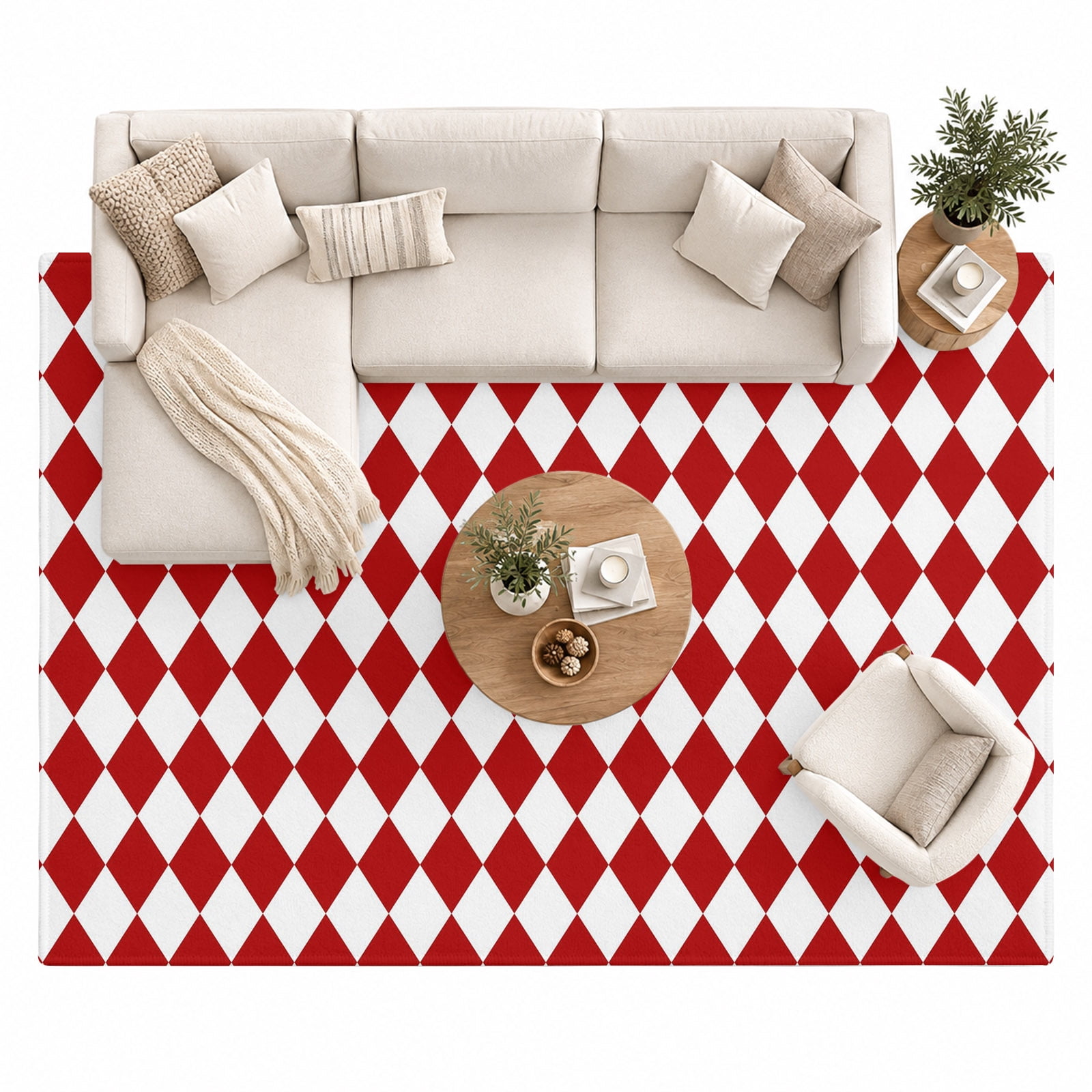 Red Diamond Plaid Area Rug 8'x10', White Geometric Check Abstract ...