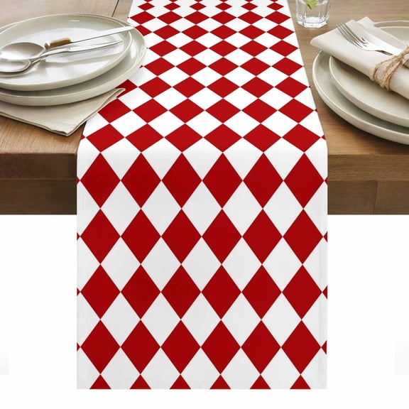 Red Diamond Plaid Cotton Linen Table Runner White Geometric Check Abstract Modern Dining Table Runners for Home Decor Party Dining Room Restaurant Kitchen Party 13" x 108"