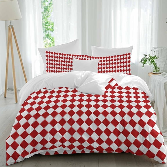 Red Diamond Plaid Duvet Cover Set Cal King Size, White Geometric Check Abstract Modern 4 Piece Soft Microfiber Bedding Set with Zipper Closure, 1 Comforter Cover, 1 Flat Sheet, 2 Pillowcases