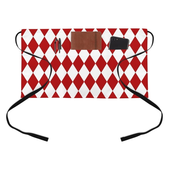 Red Diamond Plaid Half Waist Apron White Geometric Check Abstract Modern Short Waiter Aprons with 3 Pockets for Women Men Kitchen Restaurant Cooking