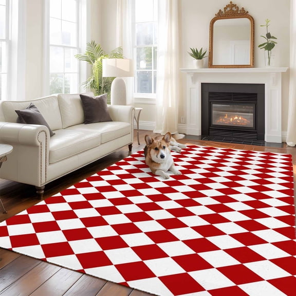 Red Diamond Plaid Large Area Rugs 5x8 ft White Geometric Check Abstract Modern Washable Rug Non Slip Indoor Carpet Absorbent Floor Mat for Living Room Bedroom Dining Room