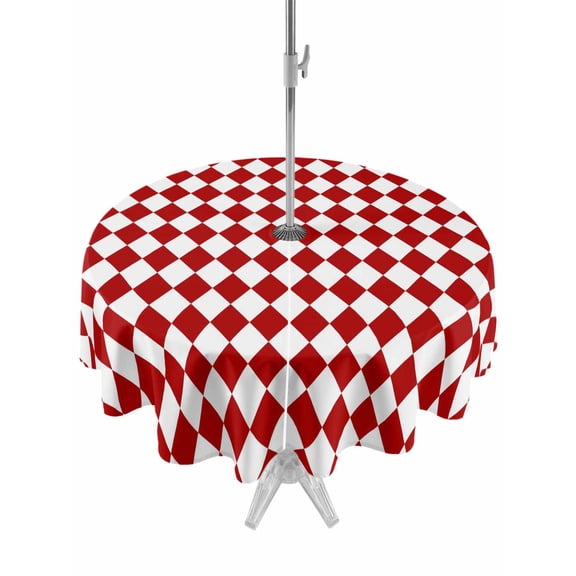 Red Diamond Plaid Outdoor Round Tablecloth with Umbrella Hole 60", White Geometric Check Abstract Modern Waterproof Zippered Table Cloth Wrinkle Free Wipeable Desk Covers for Patio Party