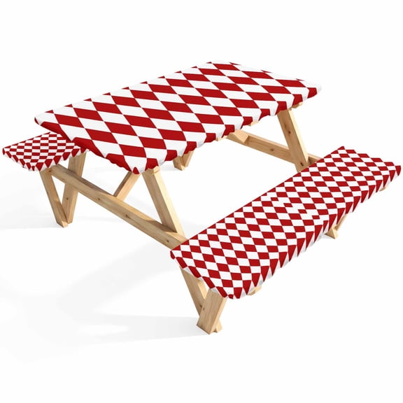 Red Diamond Plaid Picnic Table Cover with Bench Covers White Geometric Check Abstract Modern Waterproof Fitted Picnic Tablecloth 3 Pieces Set Table Cloth for Outdoor Camping Garden BBQ