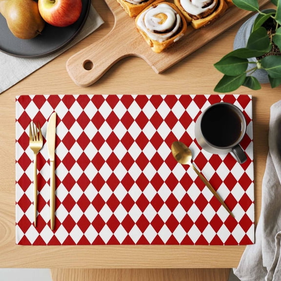 Red Diamond Plaid Placemats Set of 8, White Geometric Check Abstract Modern Heat Insulated Linen Place Mats, Washable Stain-Proof Table Mats for Dining Tables Holiday Decor 13x19 Inches