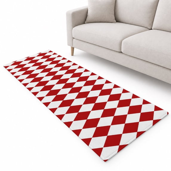 Red Diamond Plaid Runner Rug 2'x6', White Geometric Check Abstract ...