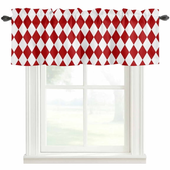 Red Diamond Plaid Valances for Windows White Geometric Check Abstract Modern Rod Pocket Curtain Valance Window Treatment Short Curtains for Kitchen Living Room, 60"x18"
