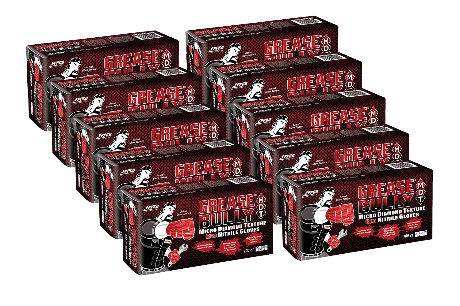 Eppco Grease Bully MDT Nitrile Gloves, Red, 7MIL, Micro-Diamond Texture, Large, 10 Boxes