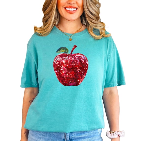 Red Disco Apple Shirt for Women & Teens Faux Glitter Teacher Tee, Seafoam Shirt, M