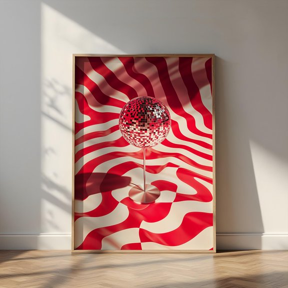 Red Disco Ball On Stand – Groovy Retro Party Decor, Funky Room Accent, Wavy Optical Illusion Art, Modern 70S Aesthetic Vibe Gift Wall Art, Modern Wall Decor, 8x12 UNFRAMED