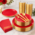 Ruby Ware Warehouse Red Disposable Plastic Dinnerware Set for 50 Guests, 350-Piece Party ...