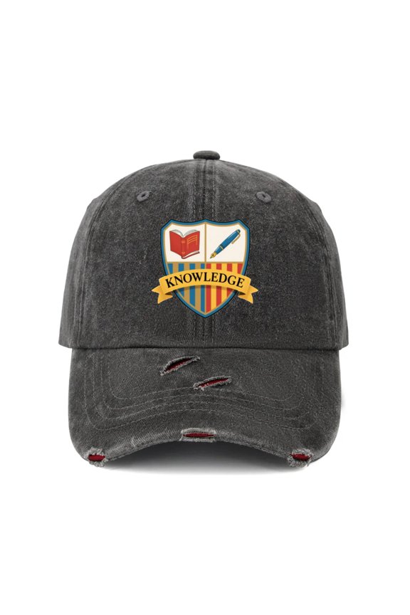 Red Distressed Raw Denim Baseball Cap Unisex Adjustable Dad Hat Knowledge Shield Graphic