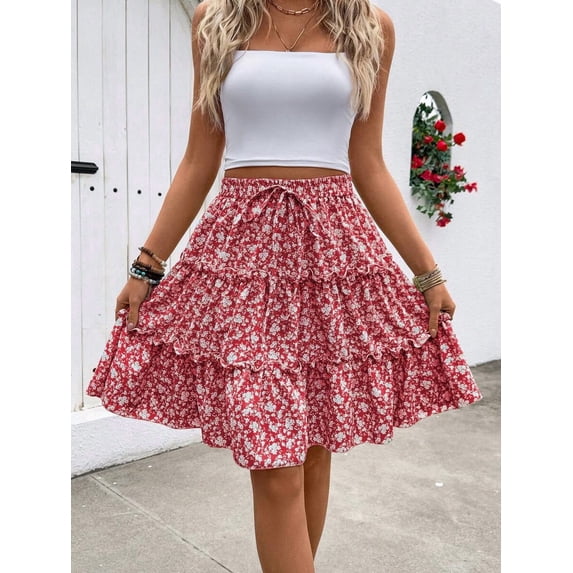 Red Ditsy Floral Tiered Ruffle Skirt With Drawstring Waist For Spring Summer Holiday
