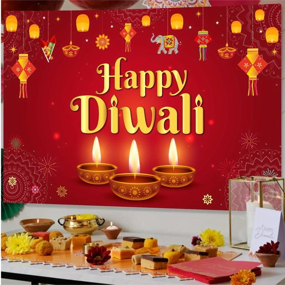 Red Diwali Theme Background Cloth Happy Diwali Party Backdrop Banner Indian Festival For Home Celebration Vinyl Wall Hanging Decor With Grommets And Ribbon 5.9 Ft x 3.3 Ft Photo Booth Background