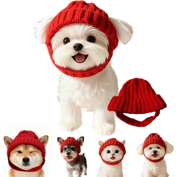 Red Dog Anxiety Relief Cap, Quiet Ears Grooming Hood with Ear Holes, Stretchy Knitted Head Wrap for Bathing & Drying, Warm Pet Neck Scarf