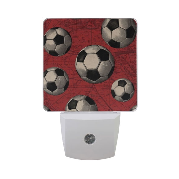 Red Doodle Background Football Pattern LED Night Light Sensor Lamp Plug-in Adjustable Brightness 2 Pack