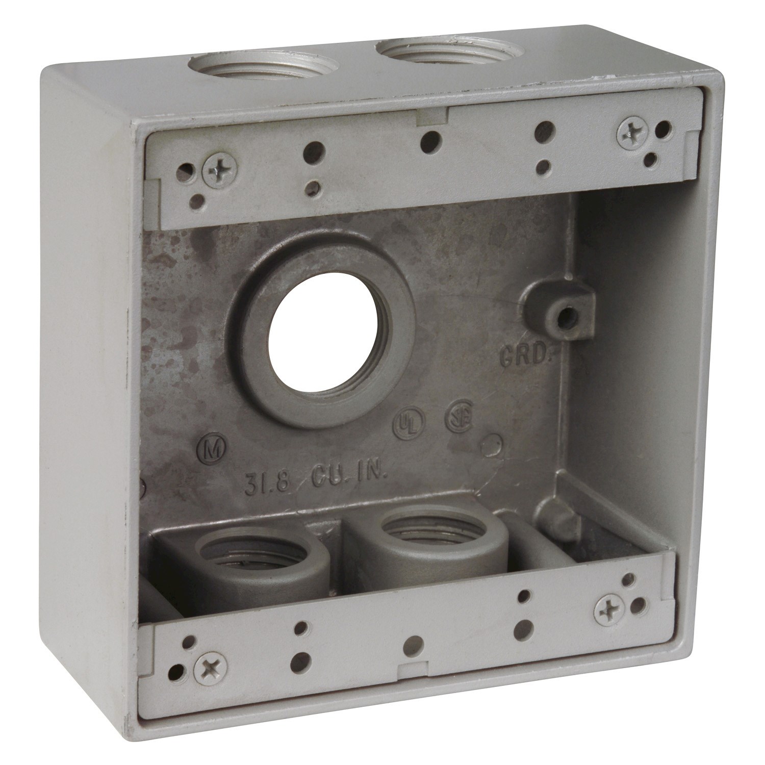 Red Dot 2IH5-2 Aluminum Weatherproof Electrical Outlet Box, 2 Gang, (5) 3/4-Inch KO's, 2-Inch Deep