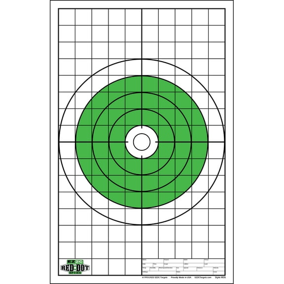25 EZ2C Targets Red Dot Optics Style RD5: 10" Green Bullseye Paper Shooting Targets  11"x17" (25 Count)USA MADE