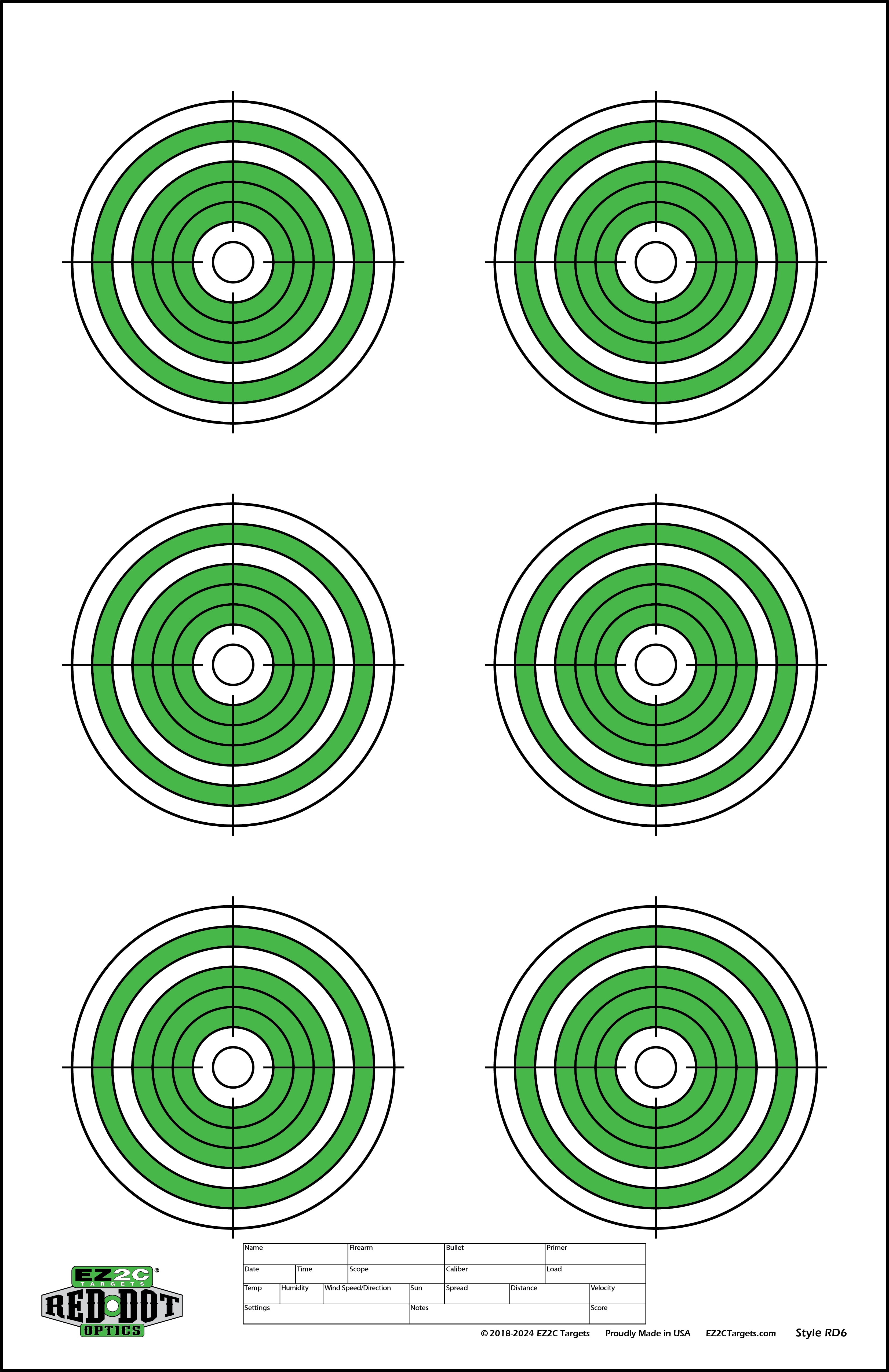 Red Dot Optics Style 6: Six 4' Bullseyes by EZ2C - Paper Shooting Targets High Visibility Rifle or Pistol Firearms and .22 Rifles Target 11" x 17" (Pack of 50) MADE IN USA