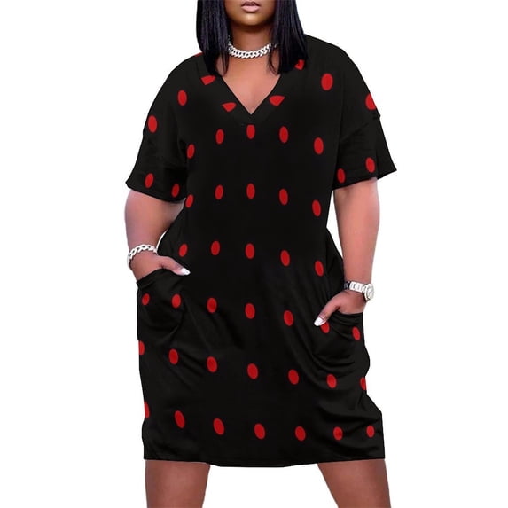 Red Dots on Black Loose Pocket Dress Dresses Summer Summer Dresses for Women