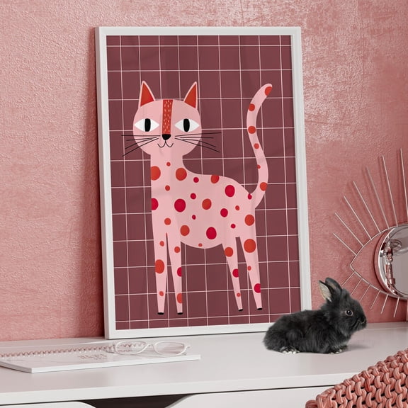 Red Dotted Cat Wall Art, Retro Cute Nursery Decor, Stretched Canvas Size 8x12