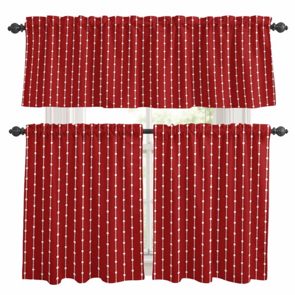 Red Dotted Stripe Kitchen Curtains and Valances Set, Country Farmhouse Minimalist Vertical Rows 3 Piece Curtains Valances and Tiers Set Rod Pocket for Kitchen Bathroom Windows 36 Inch