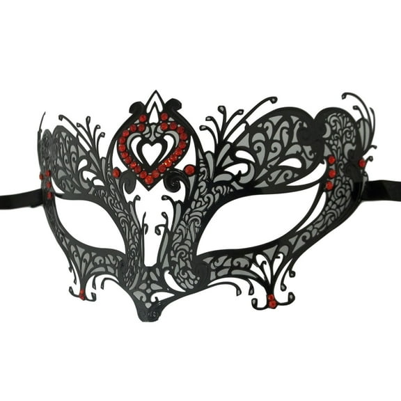 Red Double Heart Black Laser Cut Venetian Masquerade Metal Filigree Mask Rhinestones