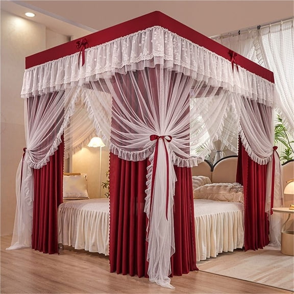 Red Double Layer Bed Canopy for Four Poster Bed with Ruffled Mosquito Net, Four Opening Design, Romantic Decor for Girls, Teens & Adult Bedroom